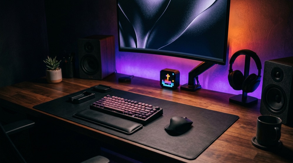 A desk setup at night with a glowing monitor, speakers and a pixel clock